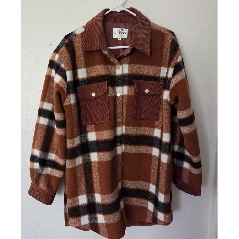 Vigoss Wool Blend Brown Plaid Womens Shacket Flannel Barn Jacket Corduory Snap S